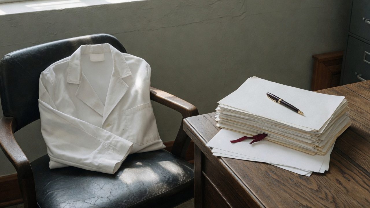 Jaleco médico e documentos em escritório de advocacia